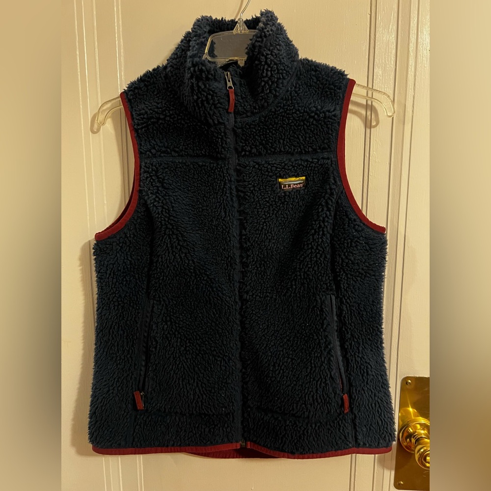 L.L. Bean Dark Blue Sherpa Vest with Red Trim